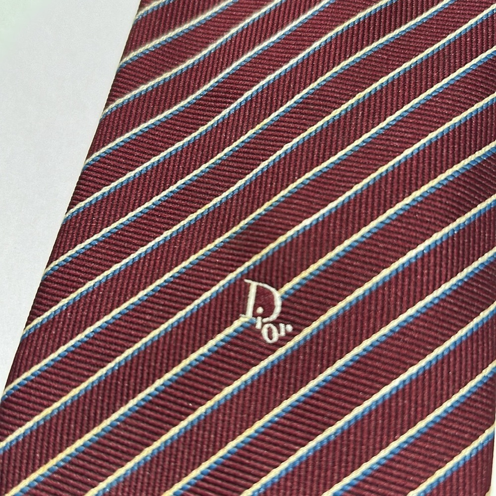 Christian Dior Burgundy, blue and White repp polyester/Silk Tie with Stripes - Picture 5 of 5